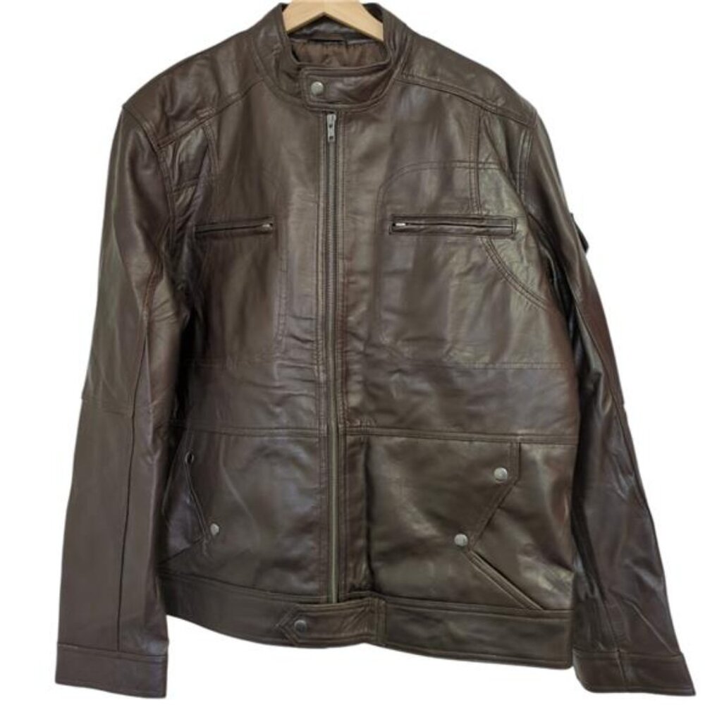 Isaac & David Brown Leather Jacket with Zipper and Clasps - Men's XL